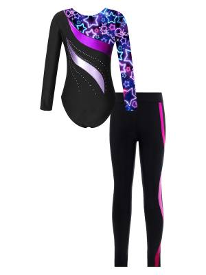 Kids Girls 2pcs Long Sleeve Rhinestones Leotard and Pants Skating Outfits back image