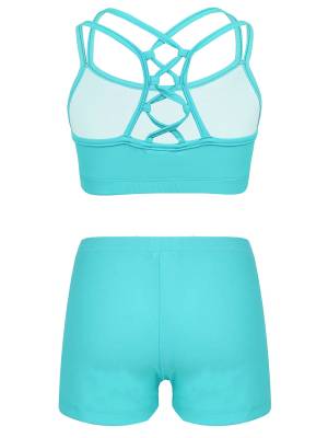 Kids Girls Two Pieces Sleeveless Crop Top and Shorts Swimsuit Set back image