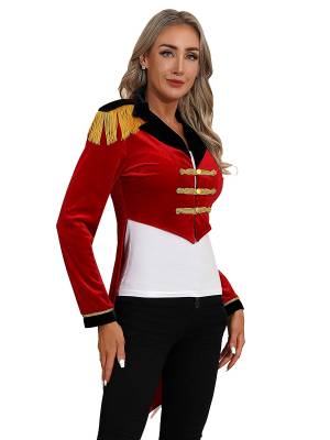 Women Color Block Circus Ringmaster Lapel Long Sleeve Velvet Tailcoat back image