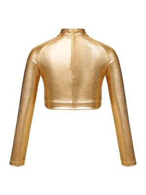 Kids Girls Glossy Metallic Long Sleeve Jazz Crop Top back image