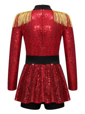 Kids Girls Long Sleeve Sequins Tassel Ringmaster Circus Leotard Dress back image