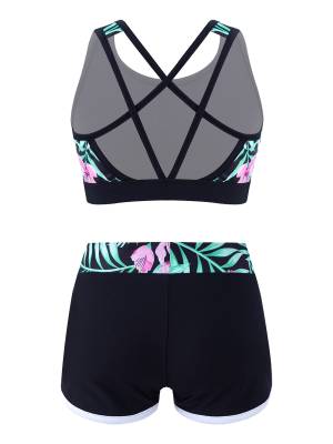 Kids Girls Two Pieces U Neck Crop Top with Boyshorts Swimming Set back image