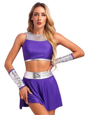Women Halloween Metallic Sleeveless Crop Top and Mini Skirt and Gloves back image
