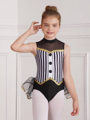 Kids Girls Sleeveless Sequins Striped Latin Jazz Dance Leotard back image
