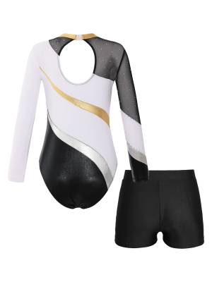 Kids Girls 2pcs Long Sleeve Rhinestones Leotard with Shorts Dance Set back image