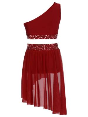 Kids Girls Rhinestone One Shoulder Crop Top and Skirt Lyrical Dance Set back image