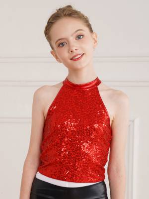 Kids Girls Sequin Sleeveless Jazz Dance Crop Top back image