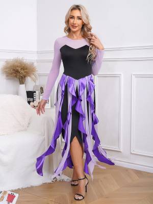 Women Halloween Witch Costume Mesh Long Sleeve Asymmetrical Dress back image