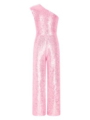 Kids Girls Sequin One Shoulder Bodysuit Sleeveless Jumpsuit front image