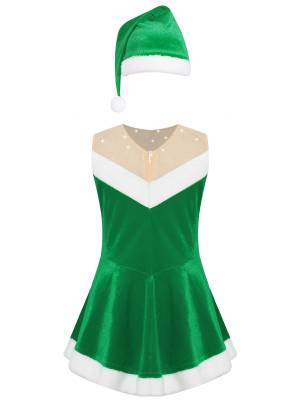 Kids Girls Christmas Sleeeveless Velvet Leotard Dress with Hat back image