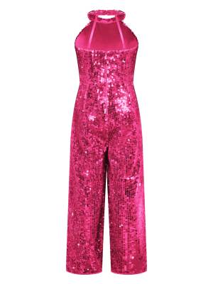 Kids Girls Sequin Halter Neck Strapy Back Sleeveless Jumpsuit back image