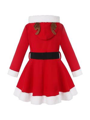 Kids Girls Christmas Reindeer Long Sleeve Hooded Fleece A-line Dress with Belt back image