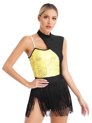 Women One Shoulder Sleeveless Sequin Tassel Latin Dance Leotard back image