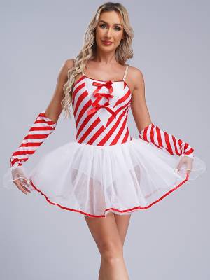 Women Christmas Sleeveless Stripes Candy Cane Tulle Tutu Dress with Gloves back image