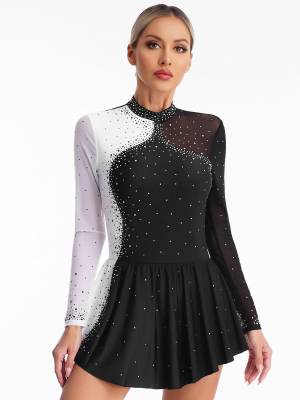 Women Long Sleeve Sparkly Rhinestone Figure Skating Leotard Dress back