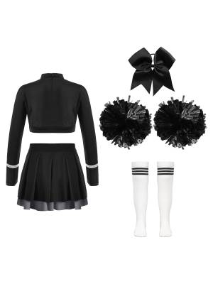 Kids Girls 7pcs Long Sleeve Rhinestone Crop Top  and Skirt Cheerleading Sets back image