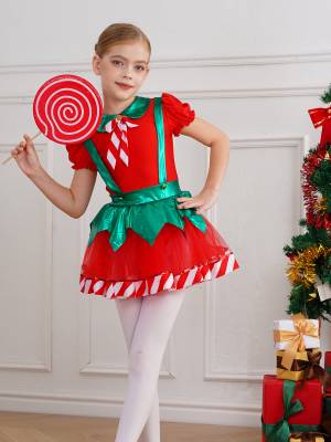 Kids Girls Christmas Puff Sleeve Bow Stripes Tutu Dress back image