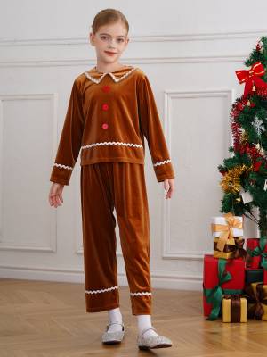 Kids 2pcs Velvet Long Sleeve Top and Pants Gingerbread Man Costume Suit back image