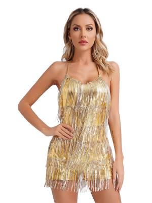 Women Sequin Halter Neck Backless Tassel Romper for Latin Dance Cocktail back image
