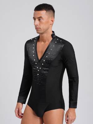 Men V Neck Long Sleeve Satin Patchwork Leotard for Latin Dance Figure Skating back image