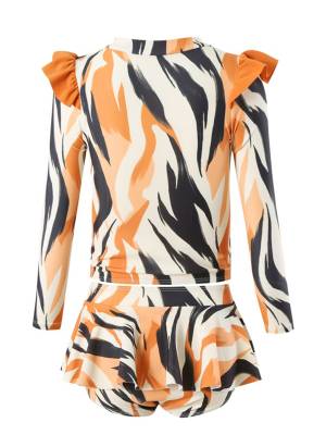 Kids Girls Two Pieces Long Sleeve Swim Top and Skirt Swimsuit Set back image