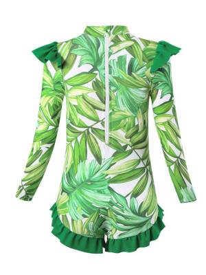 Kids Girls Long Sleeve Ruffle UPF 50+ One Piece Swimsuit back image