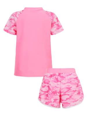 Girls Two Pieces Swimsuit Short Sleeve Swim T-shirt and Shorts Set back image