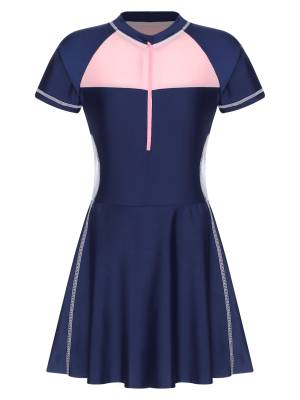 Girls Short Sleeve Color Block A-line Swimming Dress back image