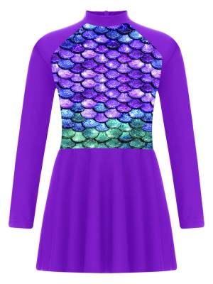 Kids Girls Long Sleeve Fish Scales Floral Print Swimsuit Dress back image