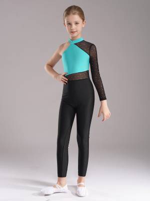 Kids Girls One Shoulder Long Sleeve Rhinestones Figure Skating Unitard back image