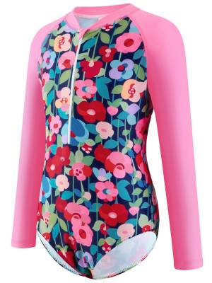 Kids Girls One-piece Long Sleeve Front Zipper Swimming Bodysuit back image