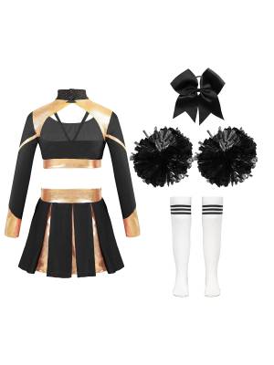 Kids Girls 7pcs Long Sleeve Metallic Crop Top and Pleated Skirt Cheerleading Set back image