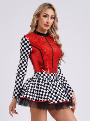 Women Long Sleeve Sequins A-line Tulle Checkerboard Racer Leotard Dress back image