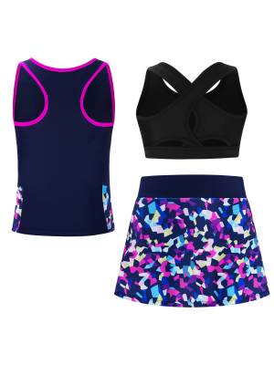 Kids Girls 3pcs Keyhole Crop Top with Vest and Skirt Sports Set for Tennis back image