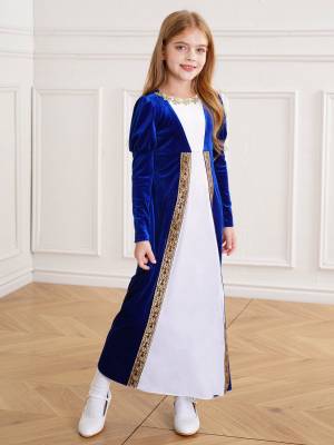 Kids Girls Medieval Renaissance Velvet Long Sleeve Flowers Retro Princess Dress back image