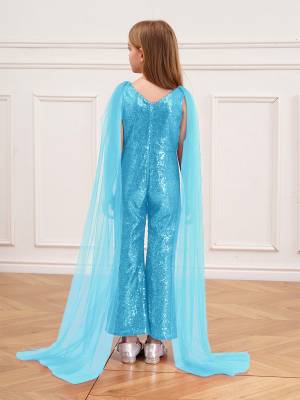 Kids Girls  Cape Sleeve Sparkly Sequined Party Jumpsuit back image