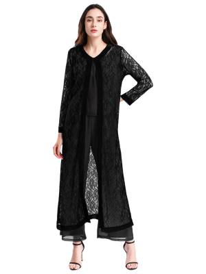 Women Long Sleeve Open Front Floral Lace Long Cardigan for Evening Party front image