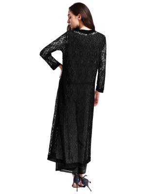 Women Long Sleeve Open Front Floral Lace Long Cardigan for Evening Party back image