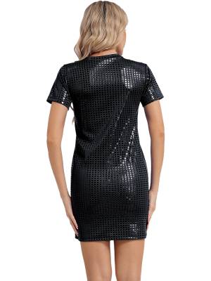 Women Sequins Round Neck Short Sleeve T-shirt Dress for Cocktail back image