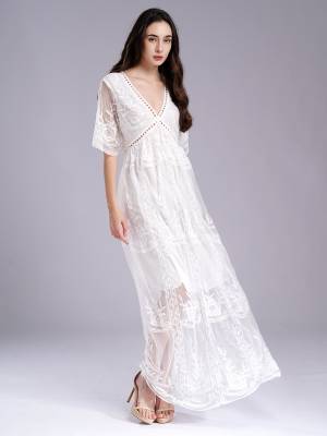 Women V Neck Short Sleeve Embroidered Lace Maxi Beach Wedding Dress back image