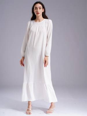 Women Loose Round Neck Long Sleeve Ruffled Hem Maxi Dress for Vacation back