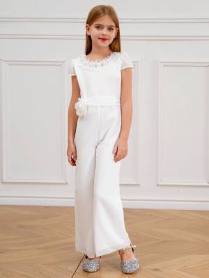 Kids Girls Short Sleeve Flower Applique Jumpsuit for Party back image