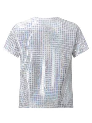 Kids Girls Boys Round Neck Short Sleeve Plaid Sequins Cheerleading Dance T-shirt back image