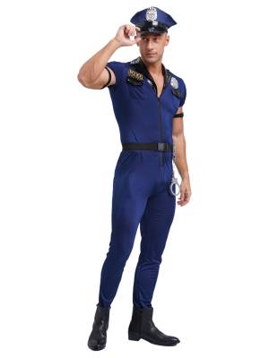 Men Halloween Short Sleeve Zipper Jumpsuit Hat Belt Manacles Police Costume back image