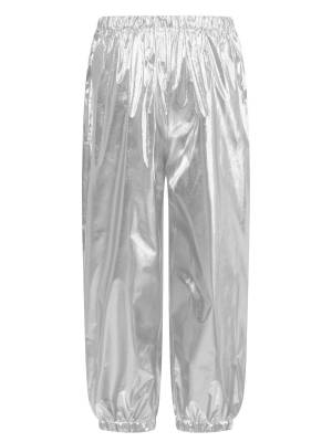 Kids Boys Girls Shiny Metallic Elastic Waistband Jazz Dance Pants back image