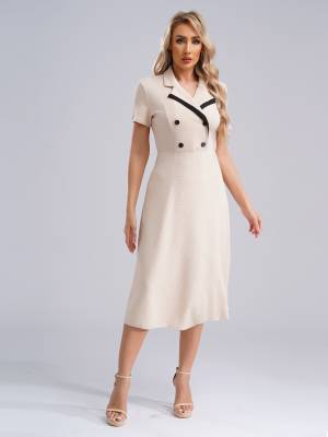 Women A-line Notch Lapel Short Sleeve Midi Dress for Work Evening back image