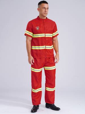 Men 4pcs Short Sleeve Jacket and Pants with Helmet Belt Firefighter Costume Set back image