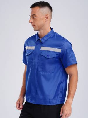 Men Short Sleeve High Visibility Reflective Stripes Zipper Work Shirt back image