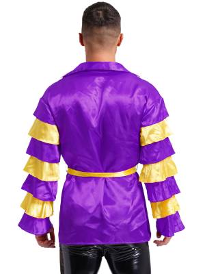Men Satiny Lapel V Neck Flare Sleeve Shirt with Belt for Carnivals back image