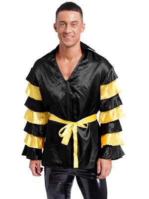 Men Satiny Lapel V Neck Flare Sleeve Shirt with Belt for Carnivals front image